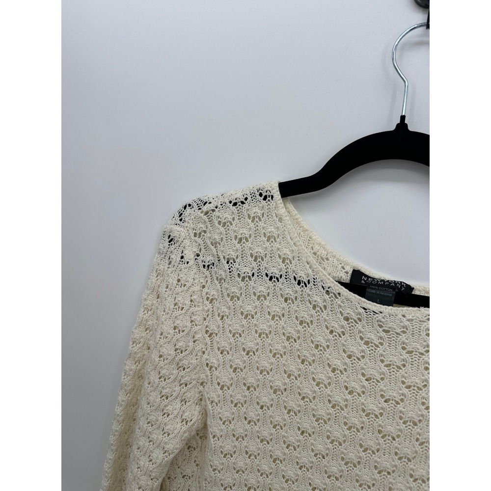 New York & Company 100% Cotton Open Knit Sweater Cream Crochet Cottagecore L - Picture 5 of 7